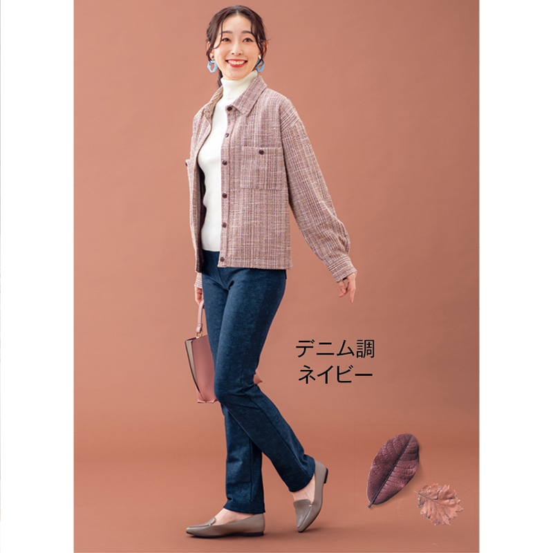 「毎日が発見」おなかゆったり裏起毛美ラクストレッチパンツ デニム調ネイビー M-L-60