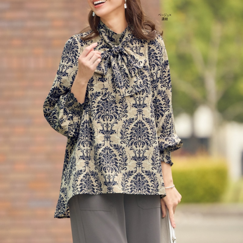 ボウタイ付ダマスク柄ブラウス