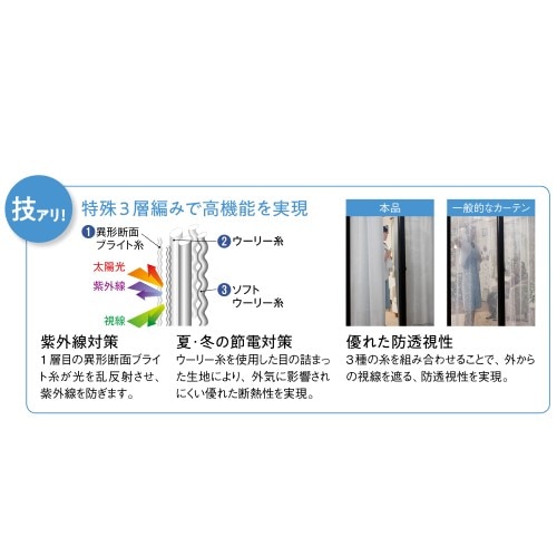 3層編み断熱レースカーテン 2枚組 幅100×丈218cm
