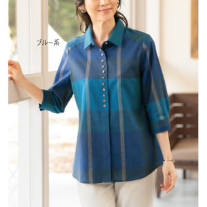 ビッグチェック多ボタンデザインブラウス