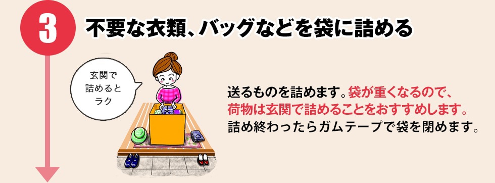 【不要な衣類、バッグなどを箱に詰める】送るものを詰めます。袋が重くなるので、荷物は玄関で詰めることをおすすめします。